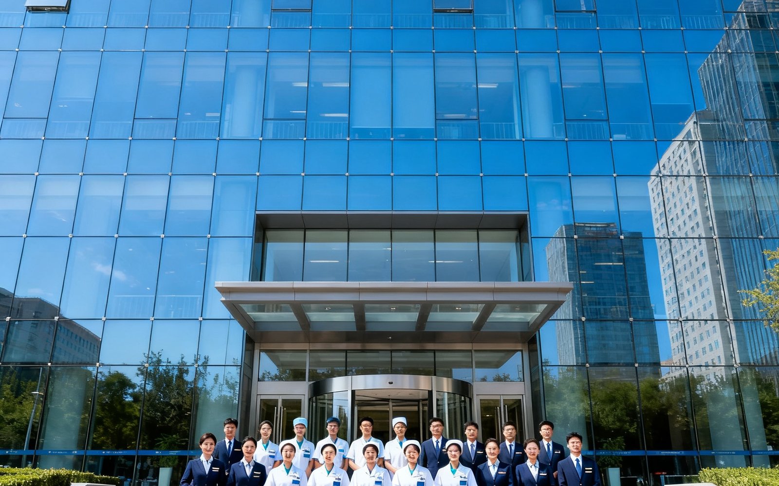 玖鼎贵宾厅位于北京朝阳区建国路的集团总部大楼外观，玻璃幕墙映照蓝天，门前台阶上站着数十位身穿统一制服的医护与礼宾团队成员，精神饱满地迎接新的一天。